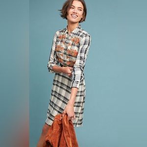 Maeve Black and Cream Plaid Shirt Dress with Orange Floral Embroidery
